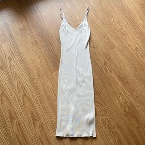 H&M ribbed stretchy midi length body con dress in champagne sand color